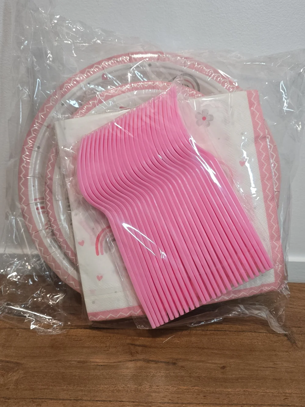 Happy Birthday Pink Boho Rainbow Party Paper Plates, Napkins & Cutlery Set 96pc.